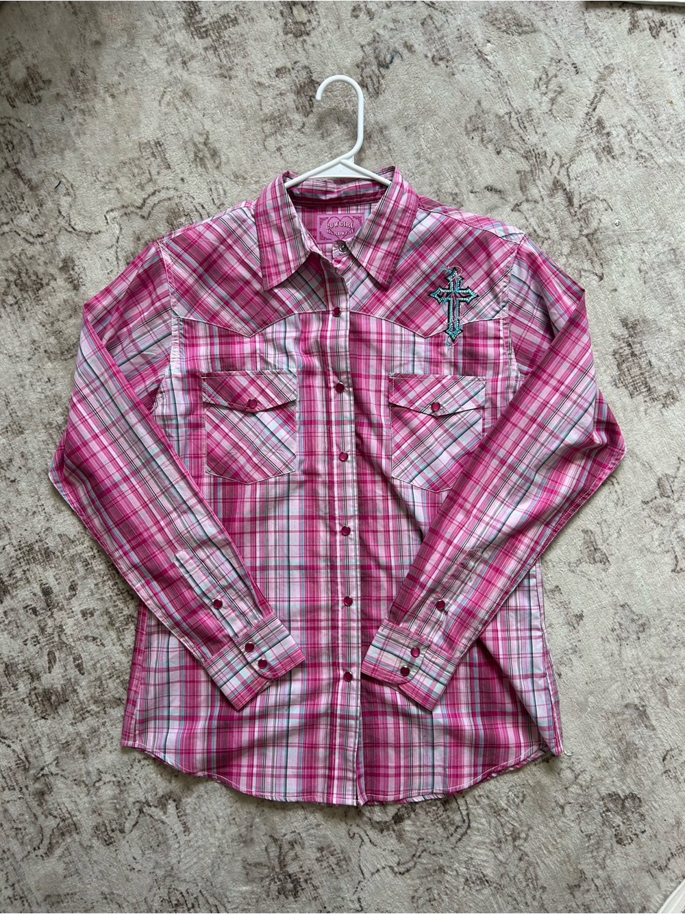 Pink Plaid Button-Down Shirt with Embroidered Cross